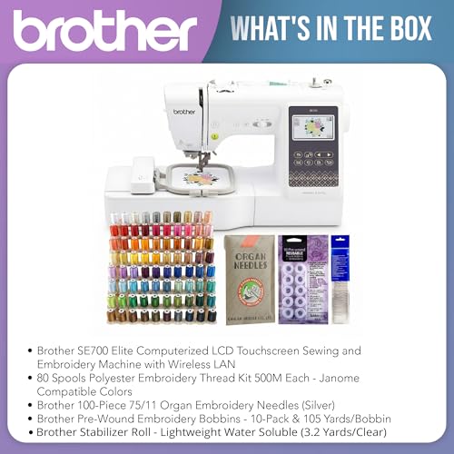Brother SE700 Sewing and Embroidery Machine with Hoop Area - Touchscreen, USB Port, and Wireless Connectivity - 135 Built-in Designs & 103 Stitches Bundle with Sewing Accessories (5 Items)