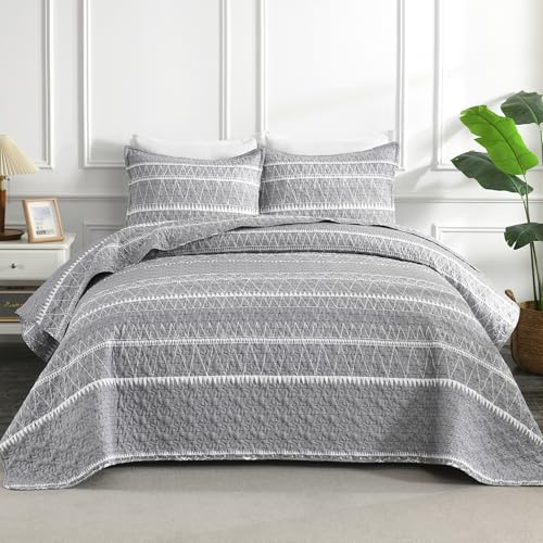 Andency King Size Quilt Set Grey, 3 Pieces Boho Lightweight Soft Striped Bedspread for All Season (106"x96"), Gray Printed Bohemian Microfiber Reversible Coverlet Comforter Sets