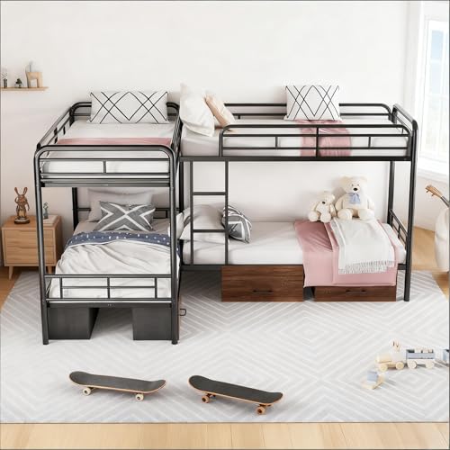 KMBOHE Twin L-Shaped Quad Bunk Bed with Storage Drawers, for 4 Kids/Teens/Adults, Heavy-Duty Metal Corner Bed with Ladder and Full-Length Guardrail, Space Saving Design, No Box Spring Needed, Black KMBOHE