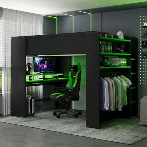 Merax Full Size Gaming Loft Bed with Height-Adjustable Desk, Wardrobe, Ample Storage Space and RGB Light, Solid Wood Bunk Bed Frame for Bedroom, No Box Spring Needed, Green Merax