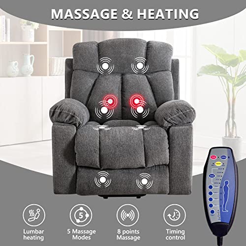 CANMOV Large Power Lift Recliner Chairs with Massage and Heat for Elderly Big People, Heavy Duty Motion Reclining Mechanism-Anti Skid Fabric Recliner Chair with 2 Concealed Cup Holders,Dark Gray CANMOV