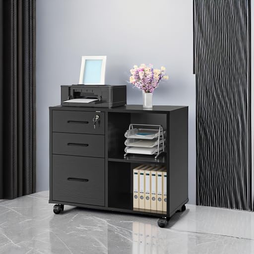 3 Drawer Office File Cabinets, Mobile Lateral Printer Stand with Open Storage Shelf, Rolling Filing Cabinet with Wheels Home Office Organization and Storage (Black) Panana