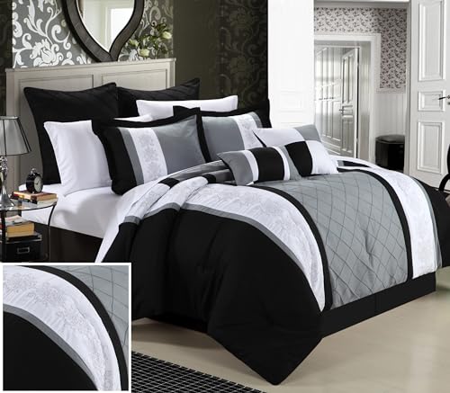 Chic Home 8-Piece Embroidery Comforter Set, Queen, Livingston Black Chic Home