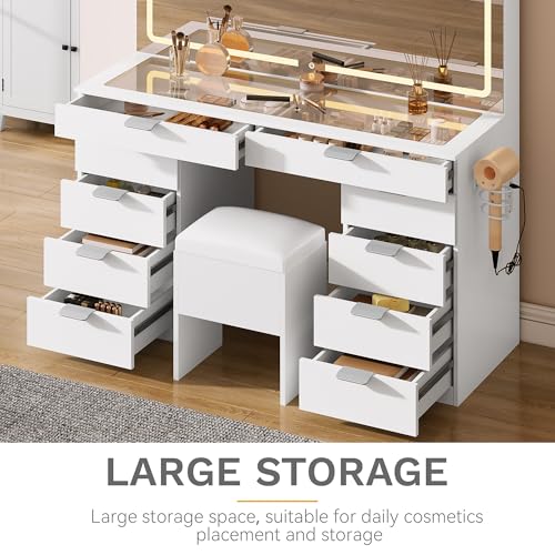 DWVO Makeup Vanity with LED Mirror and Charging Ports, 10-Drawer Vanity Set with Glass Top, Hair Dryer Holder, 3 Adjustable Light Colors, and Hidden Storage Stool DWVO