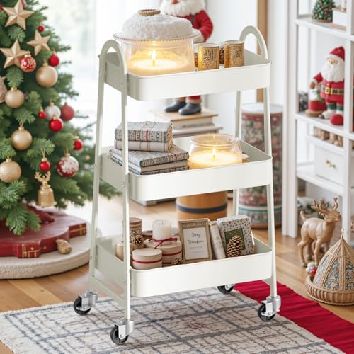 Sweetcrispy 3 Tier Metal Storage Utility Cart with Wheels, Kitchen Organizer Trolley Rolling Bathroom Laundry Room Bar Office Shelves Mobile Shelving Unit Caster for Snack Bedside Narrow Places Sweetcrispy
