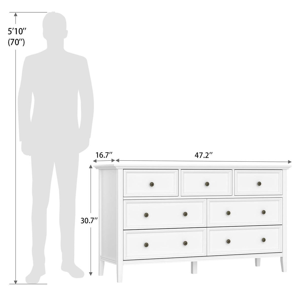IKENO White 7 Drawer Dresser for Bedroom, Modern Solid Wood Large Storage Cabinet, Simple White Chest of Drawer for Bedroom Living Room Hallway Entryway (White) IKENO