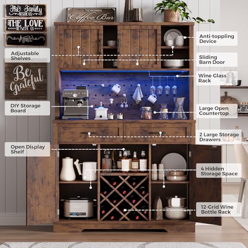 72" Coffee Bar Cabinet with Power Outlet & LED Light, Farmhouse Large Kitchen Hutch with Sliding Barn Door, Tall Bar Cabinets with Storage Drawers & Wine Glass Rack,Pantry China Cabinet,Vintage Brown Jocoevol