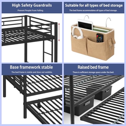 ArisingAsia Twin Over Twin Triple Bunk Beds with Trundle, Metal Bunkbeds with Ladder and Full-Length Guardrail, Noise Free, No Box Spring Needed ArisingAsia