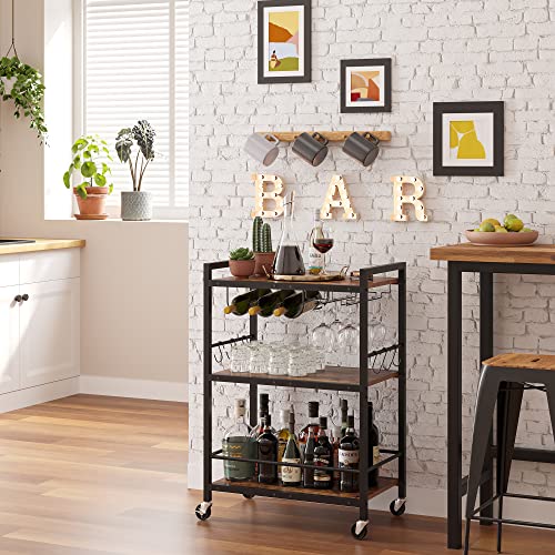 TUTOTAK Bar Cart, Serving Cart for Home, Microwave Cart, Drink Cart, Mobile Kitchen Shelf with Wine Rack and Glass Holder, Rolling Beverage Cart BC01BB030 TUTOTAK