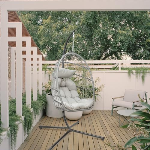 Hanging Egg Chair with Stand, Patio Wicker Hammock Egg Swing Chair with Cushion for Bedroom Garden Indoor Outdoor SZHLUX