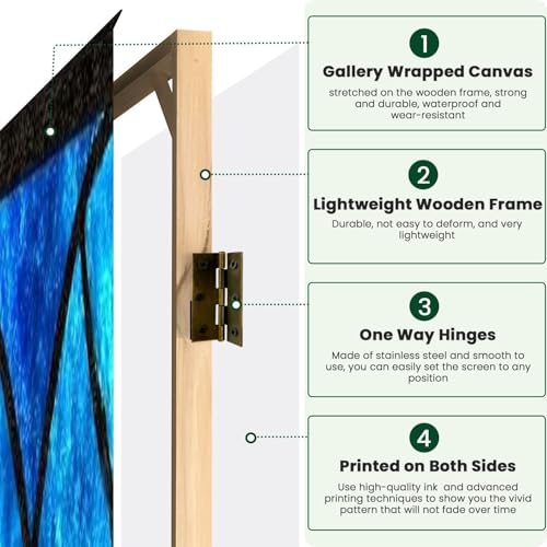 6 Panels Folding Screen Room Divider Blue Stained Glass Window Seamless for Modern Design Luxury Interior Canvas Screen Room Separator Freestanding Protective Decorative Divider Privacy Partition VETEB