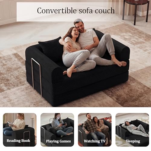 HouseMila 53.15" Boneless Couch,4-in-1 Futon Sofa Bed Modular Loveseat Sleeper Folding Compressed Couch with Pillows,No Assembly Required Convertible Sofa Bed for Living Room Bedroom Guest Room,Black HouseMila