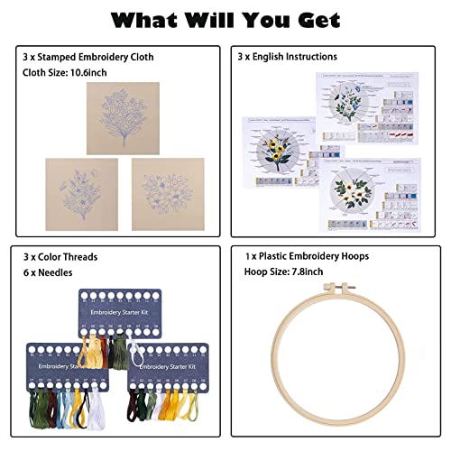 Embroidery Kit for Beginners,Cross Stitch Kits for Adults DIY Craft 3pcs Embroidery Pattern Needlework Fabric Embroidery Thread and Needles 1pcs Embroidery Hoop Adult Stitch Stuff Sewing Kit Gift
