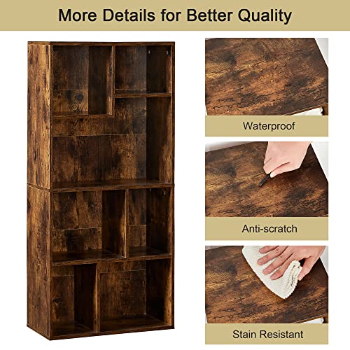 VECELO 42 Inch High Bookcase, 4-Tier Modern Storage Cabinet with Height Difference Shelves for Standard Textbooks, Floor Standing, 7 Cubes, Horizontal Available, Easy Assembly, Rustic Brown VECELO