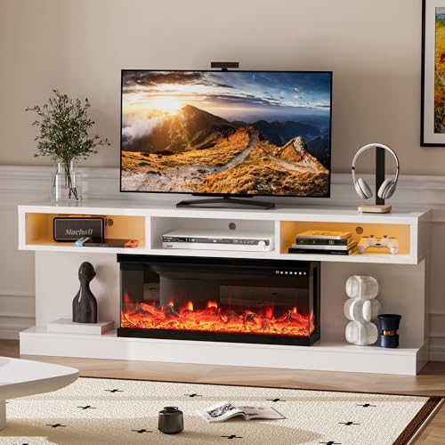 Spurgehom Fireplace TV Stand with 34" 3-Sided Electric Fireplace, Led Light Entertainment Center, TV Console with Storage, Media Console for TVs up to 80", TV Cabinet for Living Room (White) Spurgehom