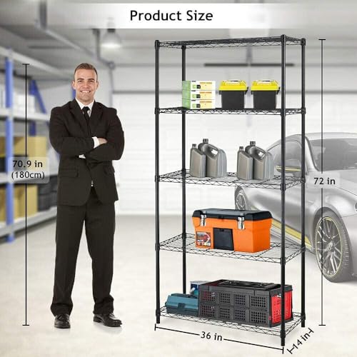 Wire Shelving Unit Commercial Metal Shelf Adjustable Layer Rack Strong Steel for Restaurant Garage Pantry Kitchen Garage (36×14×72, Black) BestOffice
