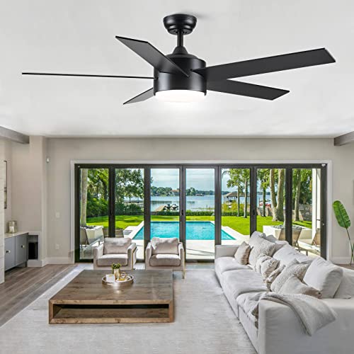 POCHFAN 52 inch Black Ceiling Fans with Lights and Remote Control, Dimmable 3-Color Temperatures LED Ceiling Fan, Wooden Quiet Reversible Modern Ceiling Fan for Bedroom, Living Room, Dining Room POCHFAN