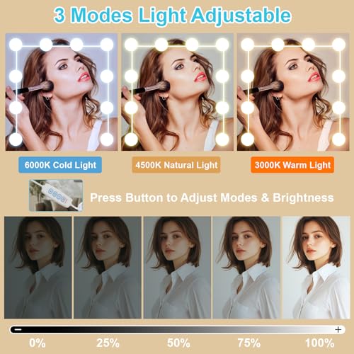 Teousev Small Vanity Desk with Mirror and Lights,White Vanity with 6 Drawers 6 Shelves 1 Chair,3 Lighting Colors Adjustable,31.5" L*14.2" W*51.2" H Teousev