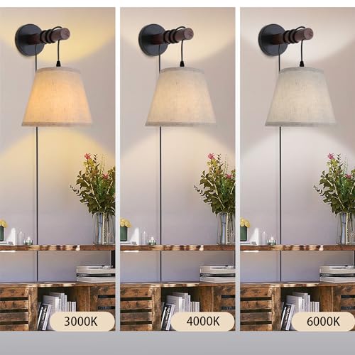 JC TOPA Plug in Wall Sconces, Bedside Wall Lamp with Wood Arm, Fabric Wall Light with On/Off Switch for Bedroom, Living Room, Farmhouse JC TOPA
