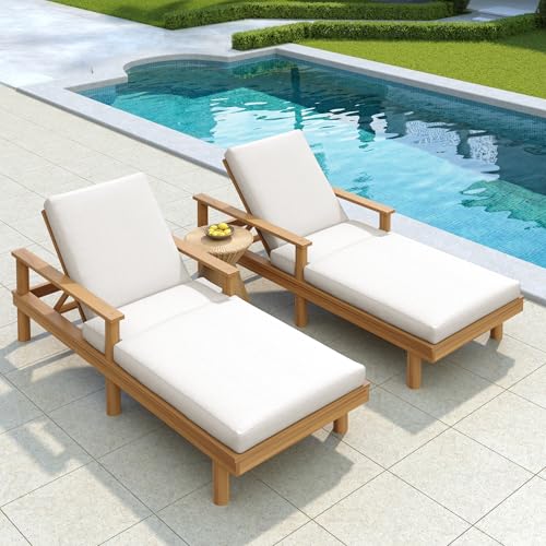 Acacia Wood Outdoor Double Chaise Lounge with 5-Position Adjustable Backrest and Armrest, All Weather Patio Recliner Chair Set of 2 with Cushions and Round Legs for Poolside Garden (Teak-4.3)