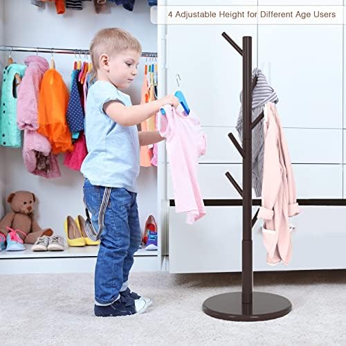 Wooden Freestanding Coat Tree with 4 Height Options and 9 Hooks, Sturdy Coat Rack Stand for Clothes/Bags/Hats,Easy Assemble Save Space for Entryway,Bedroom,Office,Narrow Place-Coffee Bamdibola