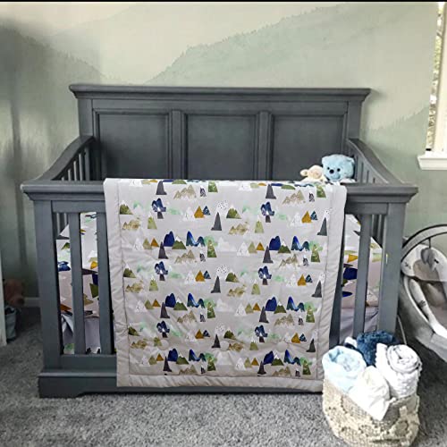 TANOFAR 4 Piece Crib Bedding Set for Boys, Infant & Toddler Nursery Bed Set with Crib Skirt, Quilt, Crib Sheet and Diaper Stacke, Standard Size Soft Baby Bed Set (Grey Mountain) TANOFAR