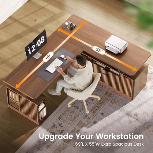 SEDETA L Shaped Electric Standing Desk, 69" x 55"Height Adjustable Office Executive Desk with 4 Drawers and Storage Shelves, Fluted Sit Stand Computer Desk with Power Outlet for Home Office (Brown) SEDETA