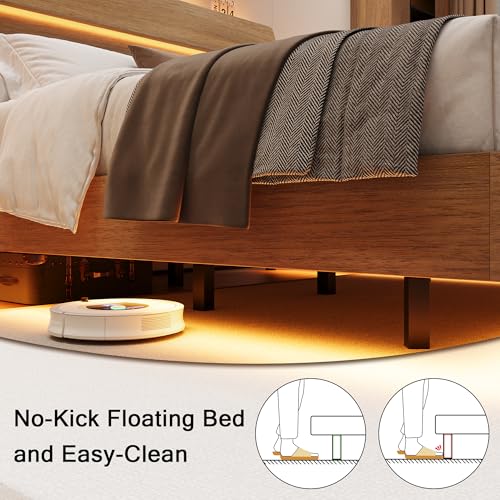 Einhomn Floating Bed Frame Full with Led Lights and Charging Station, Full Size Platform Bed Frame w/Storage Headboard, Heavy Slats Support, No Box Spring Needed, Noise Free, Easy Assembly, Walnut Einhomn