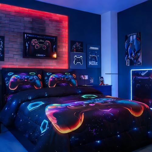 Erosebridal Game Consoles Gamer Bedding Set King Gamer Gifts,Gaming Comforter Sets for Boys Space Glow Geometric Kids Comforter Sets Boys Red Green Blue Teal,Teen Boy Room Decor Erosebridal