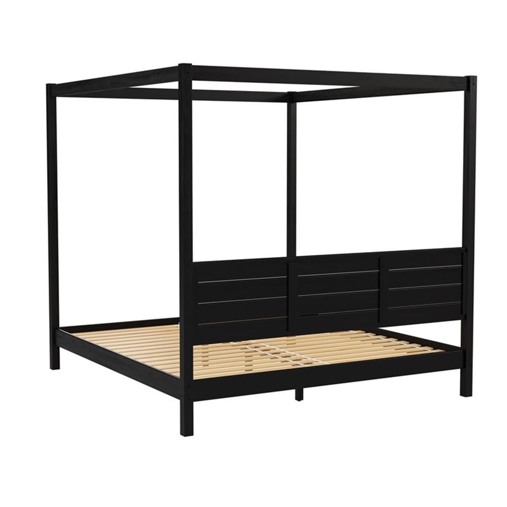 Pemberly Row Wood King Size Canopy Bed with Slatted Headboard in Black Pemberly Row
