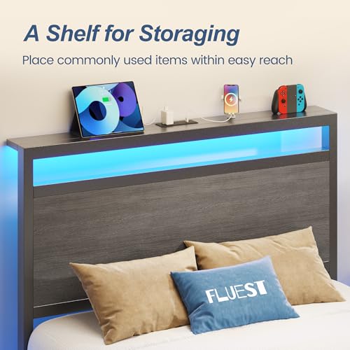 Fluest Twin Bed Frame with Headboard & Footboard, Twin Bed Frame with Charging Station & LED Light, Under-Bed-Storage, No Box Spring Needed, Noise Free, Easy Assembly, Rustic Grey Fluest