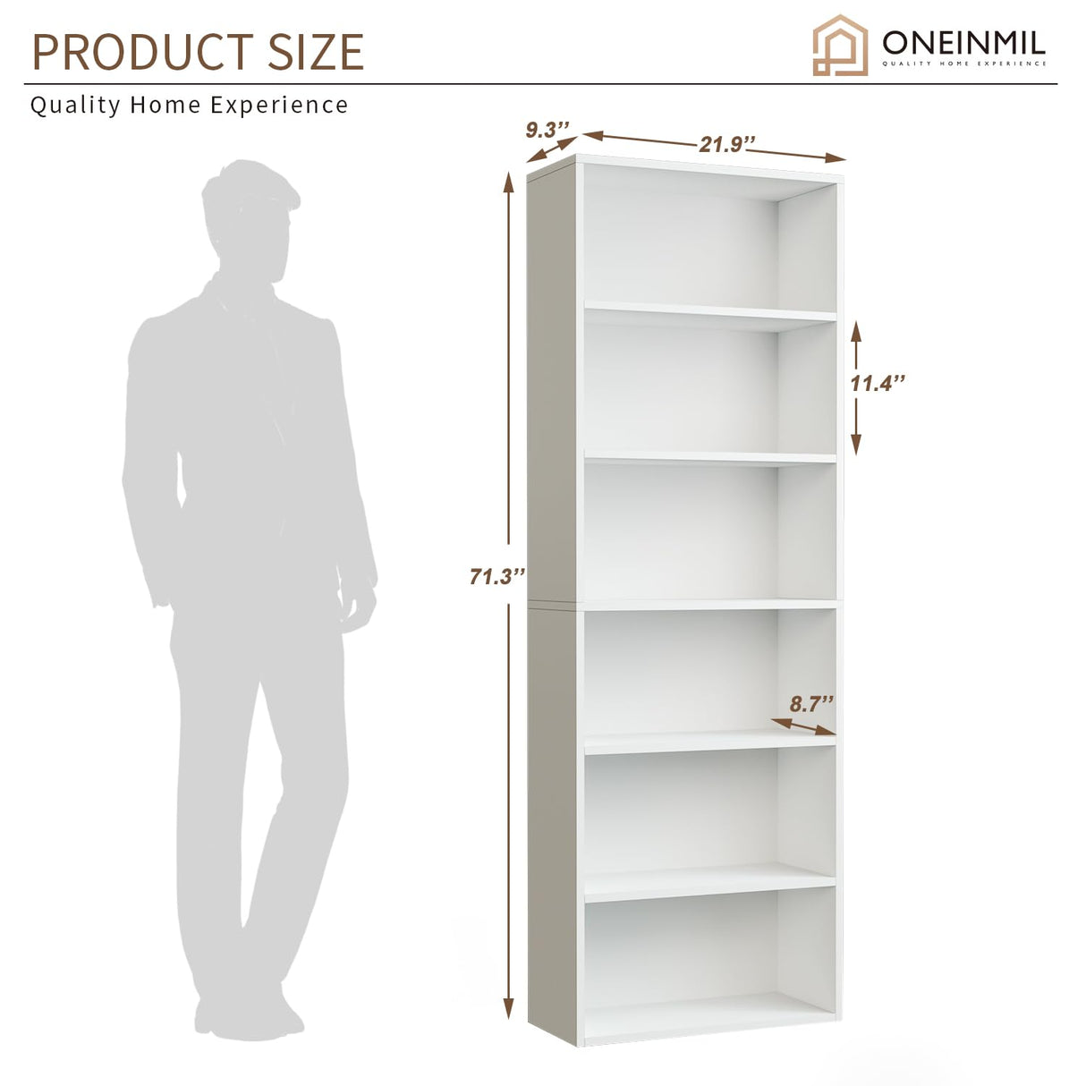 oneinmil Bookcase and Bookshelf, Floor Standing 6-Tier High Bookshelf, Display Storage Rack, Home Decorative Furniture, Suitable for Home Offices, Living Rooms, and Bedrooms,White oneinmil