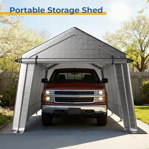 LINKHOO 10x15 FT Portable Garage Carport, Heavy-Duty Storage Shed with 220G Waterproof PE Tarp, Roll-Up Zipper Door & Vent, for Motorcycle, Bike, ATV, Tools, Outdoor Equipment, Gray LINKHOO