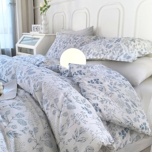 EAVD Blue Floral Comforter Set Twin/Twin XL White Soft Microfiber 3-Pieces Boho Botanical Flower Bedding Comforter Set for Girls with 2 Pillowcases Cute Fresh Botanical Bedding Set for All-Season EAVD