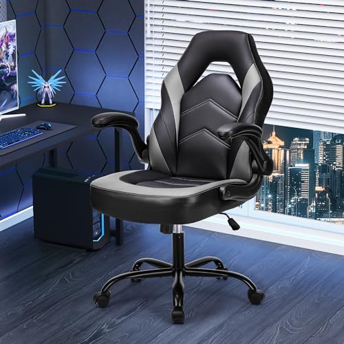 NEWBULIG Computer Gaming Desk Chair - Big Tall Ergonomic Lumbar Support with Flip-up Armrest and 360° Swivel Wheels, PU Leather Height Adjustable, for Home and Office, Grey NEWBULIG