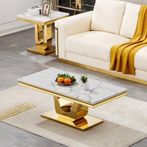 SSLine Modern White Marble Coffee Table with U-Shape Gold Stainless Steel Base Luxury Faux Marble Cocktail Center Table for Living Room Bedroom Home Office (1 Coffee Table) SSLine