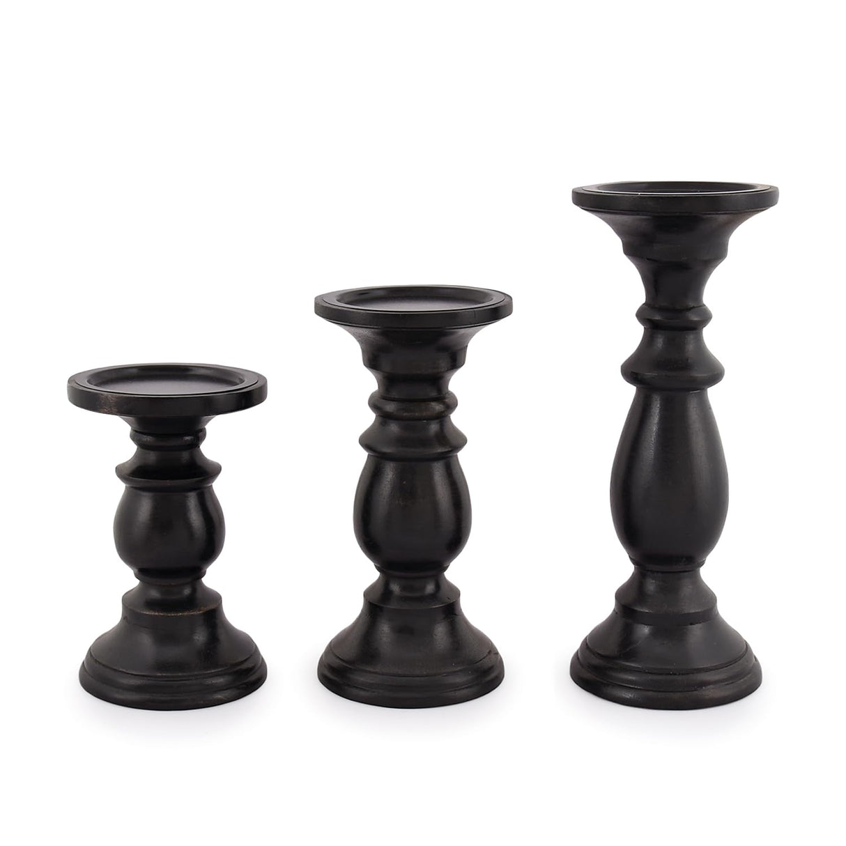 SAMHITA Set of 3 Farmhouse Mango Wood Candle Holders, in Black Finish for Table Centerpiece Candle for Any Room Decor Samhita