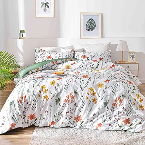 Floral Duvet Cover King Size - White Yellow Flowers and Green Leaf Spring Botanical Printed Microfiber Comforter Cover Set - 3PC 104X90 Soft and Lightweight Quilt Cover, Farmhouse Style for Women Men Faincy