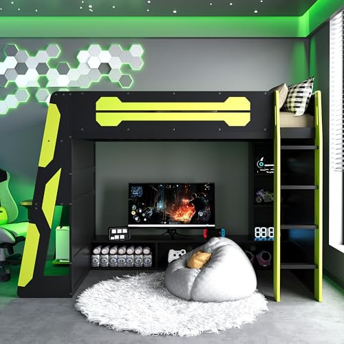 Merax Twin Size Gaming Loft Bed with Desk and Multi-Storage Shelves, Wooden Loft Bed Frmae with Light, Space-Saving Bed with Safety Guardrail Merax