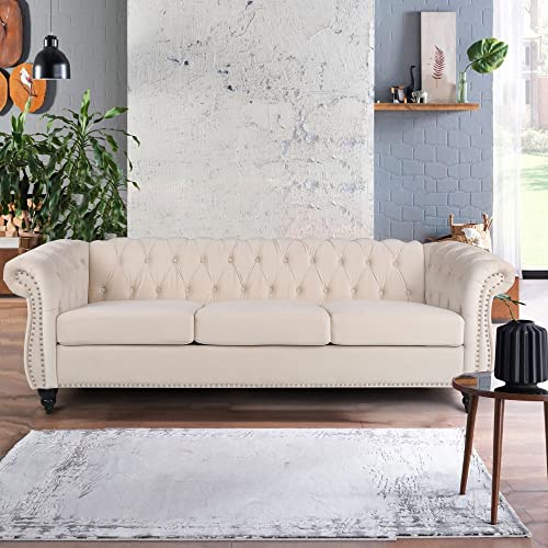 RARZOE Chesterfield Classic Sofa, Mordern 3 Seater Velvet Sofa Couch, Tufted Back Chesterfield Settee Sofas with Nailhead Trim Scroll Arms for Living Room Apartment(Beige) RARZOE
