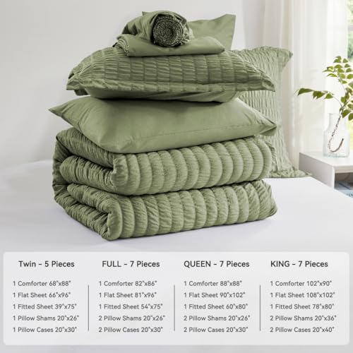 Zzlpp King Size Comforter Set 7 Pieces, Olive Green Seersucker Bed in a Bag with Sheets, All Season Bedding Sets with 1 Comforter, 2 Pillow Shams, 2 Pillowcases, 1 Flat Sheet, 1 Fitted Sheet Zzlpp