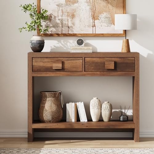 ONBRILL Console Table with Drawers, 40 Inch Narrow Entryway Table with Open Storage Shelves, Mid Century Modern Hallway Accent Tables Behind Couch Table for Living Room (Vintage Brown) ONBRILL