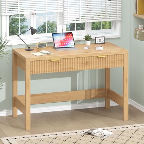 YOMILUVE Fluted Computer Desk with 2 Drawers, 39 Inch Small Computer Desk with Storage, Compact Writing Study Desk for Small Spaces YOMILUVE