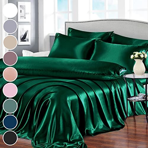 Homiest 7pcs Satin Sheets Queen Size Bed Set - Blackish Green Luxury Silky Satin Bedding - 1 Deep Pocket Fitted Sheet, 1 Soft Flat Sheet, 4 Pillowcases, 1 Body Pillowcase Homiest