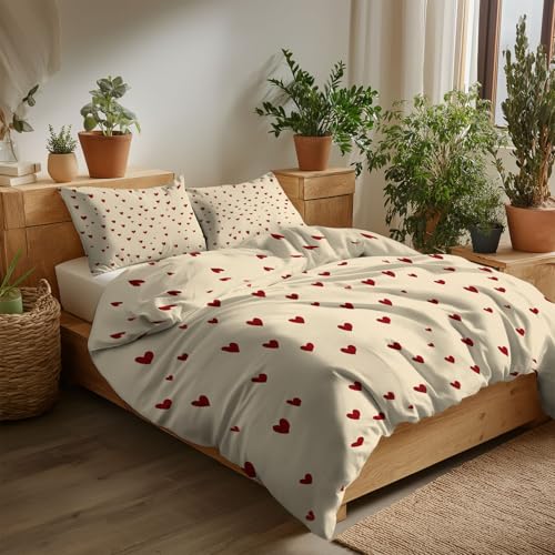 Cream Reversible Duvet Cover Set 2Pcs Small Single Size, Minimalist Red Heart Pattern Bedding Set for Boys Girls Kids Bedroom Decor - Soft Comfy Cozy Microfiber Print Duvet Cover with 1 Pillowcase Generic