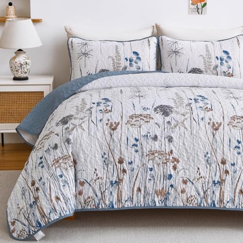 Dobuyly Blue Quilt California King Size Floral Botanical King Quilt Bedding Set 3 Pieces Soft Lightweight Microfiber Flower Bedspread Coverlet Set for All Season, 112"x96" Dobuyly