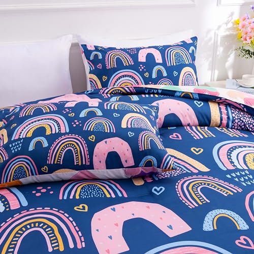 Btargot Lightweight Soft 3 Piece Rainbow Comforter Set with 2 Pillow Covers, Cartoon Love Hearts Suns and Stars Bedding Set for Girls Boys Kids, Twin Dark Blue Btargot