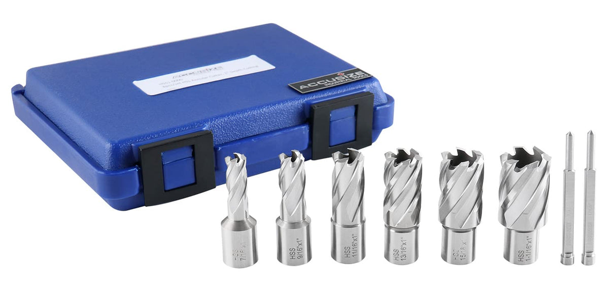 Accusize Industrial Tools Hss Professional Annular Cutter Set 1'' Cutting Depth, 7/16'' to 1-1/16'' with 3/4'' Weldon Shank, 8 Pc Set, HSS1-0000 Accusize Industrial Tools