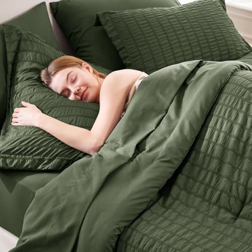 CozyLux Queen Comforter Set Olive Green Seersucker 7 Pieces Bed in a Bag Queen Comforter Set with Sheets Luxury Soft Bedding Set with Down Alternative Comforter, Sheets, Pillowcases & Shams All Season CozyLux