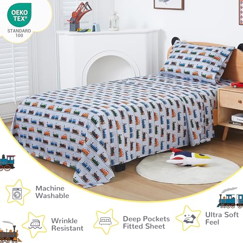 Viviland 3 Pieces Boys Grey Twin Sheet Set - Soft Microfiber Fitted Flat Sheets & Pillowcase - Retro Train Print Bedding Sets - for Kids & Toddlers Viviland